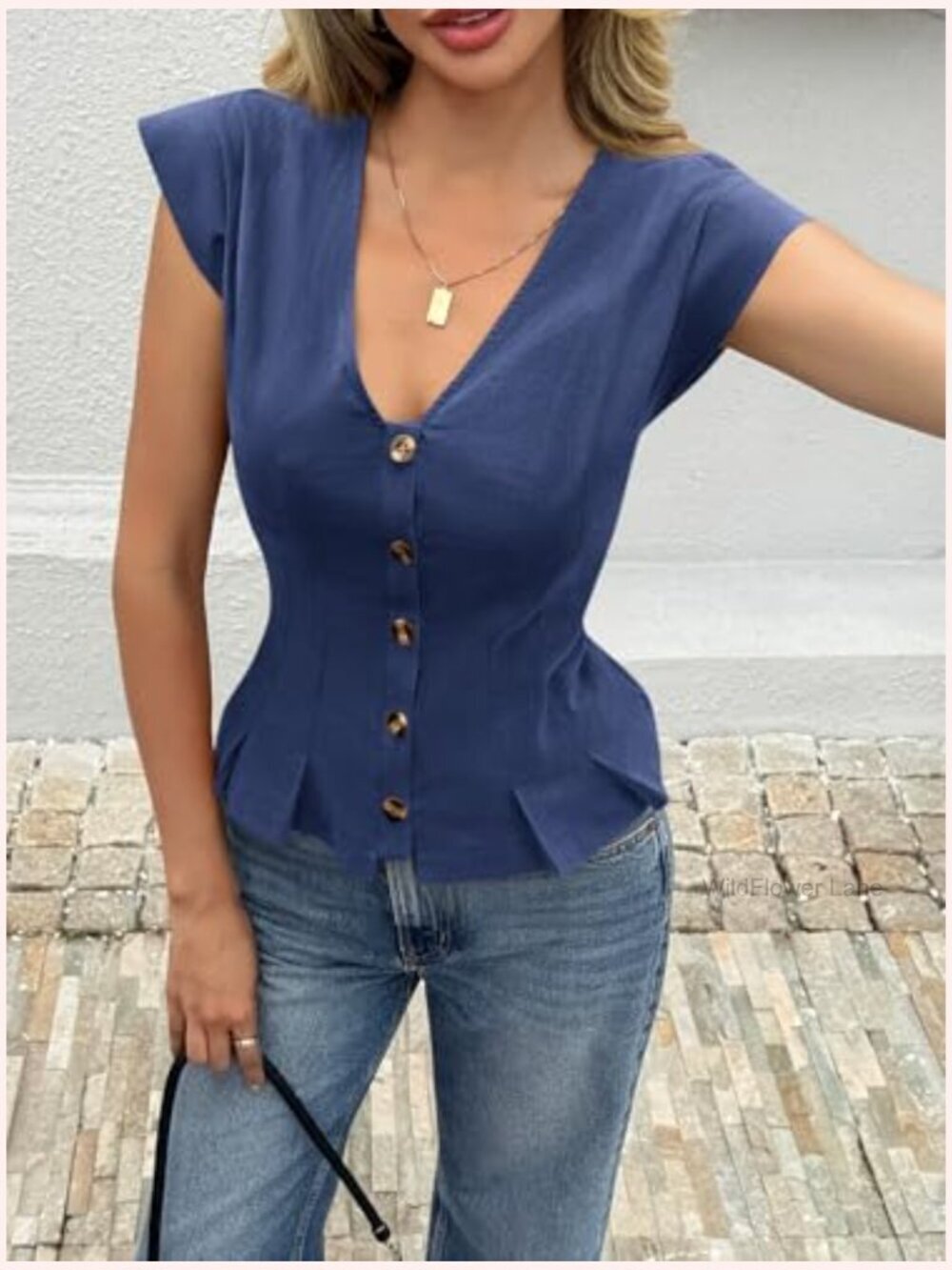 Deep V Neck Cotton Top with Cap Sleeves and Ruffle Hem - Fitted Blouse - Picture 3 of 7